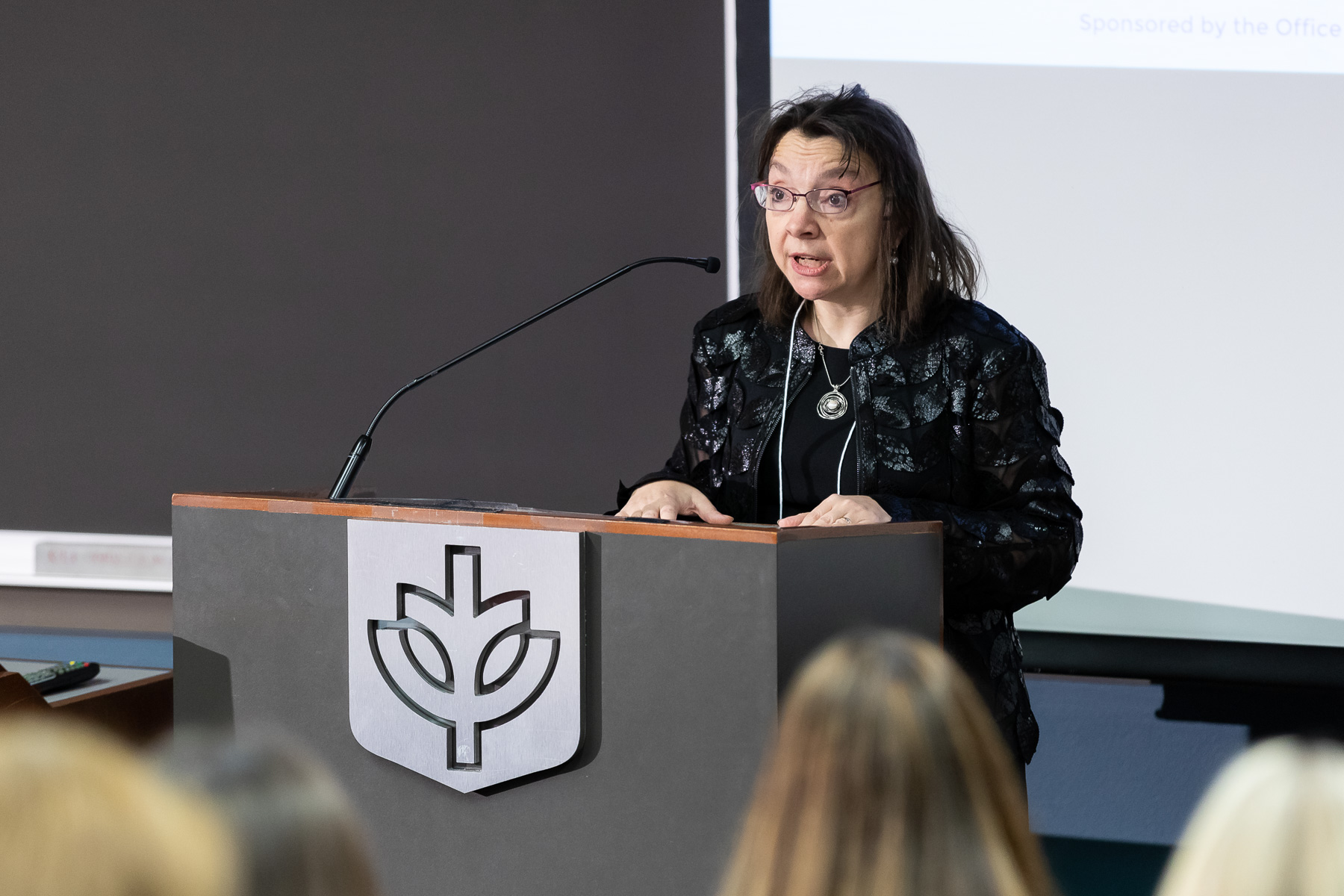 Daniela Stan Raicu, professor and associate provost for research and member of the organizing committee, also made remarks welcoming attendees. Innovation Day was focused on featuring Academic Growth and Innovation Fund (AGIF) projects. (DePaul University/Jeff Carrion)